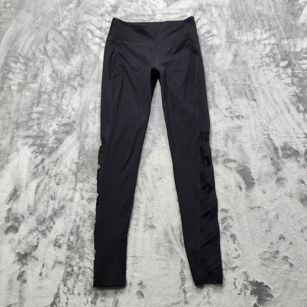 Jessica Simpson Leggings Womens S Black The Warm Up Lattice Cutout Lined Workout